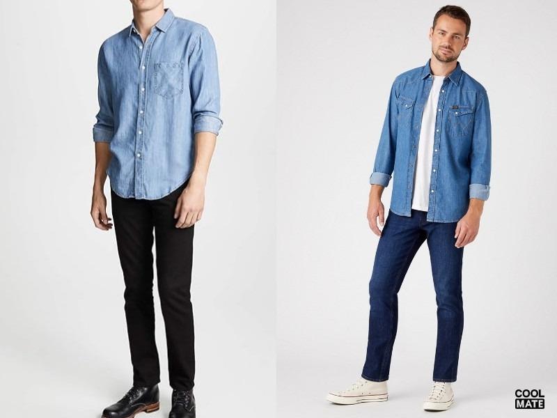 Sơ mi denim với jeans tối màu