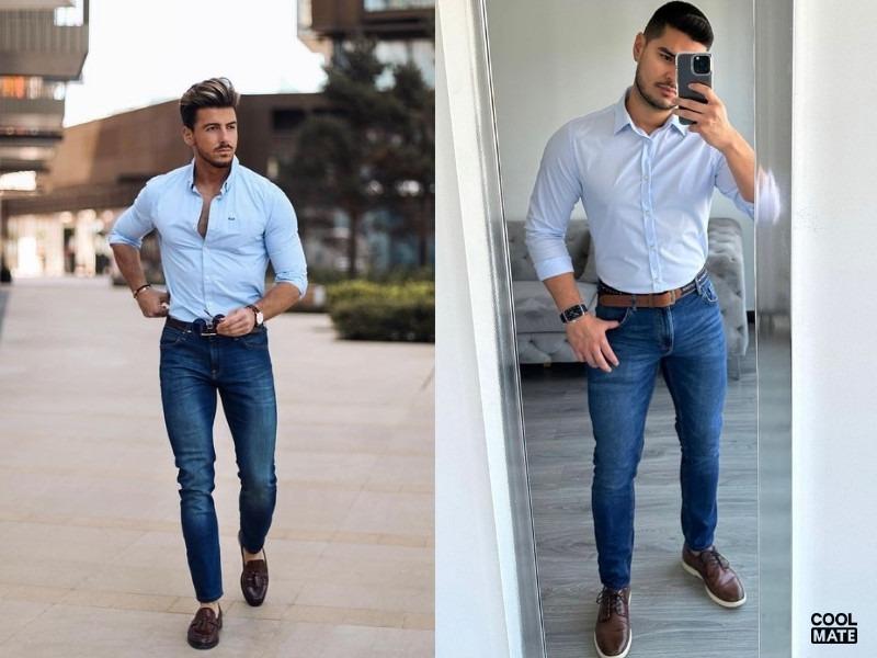 Áo sơ mi kết hợp quần jeans xanh