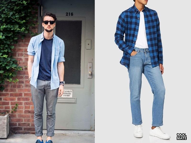 Quần jeans, áo thun basic và áo sơ mi khoác ngoài