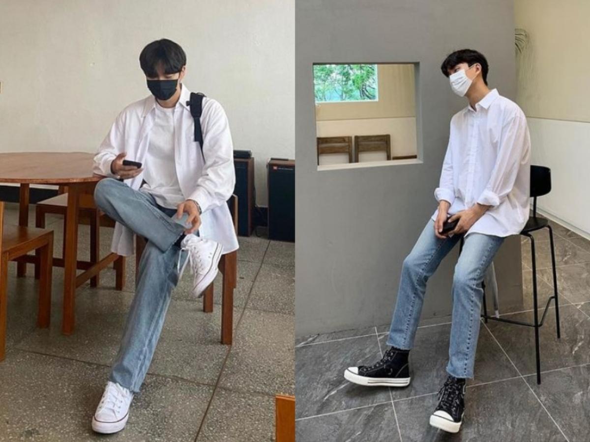 Phối quần jean ống rộng cùng áo sơ mi