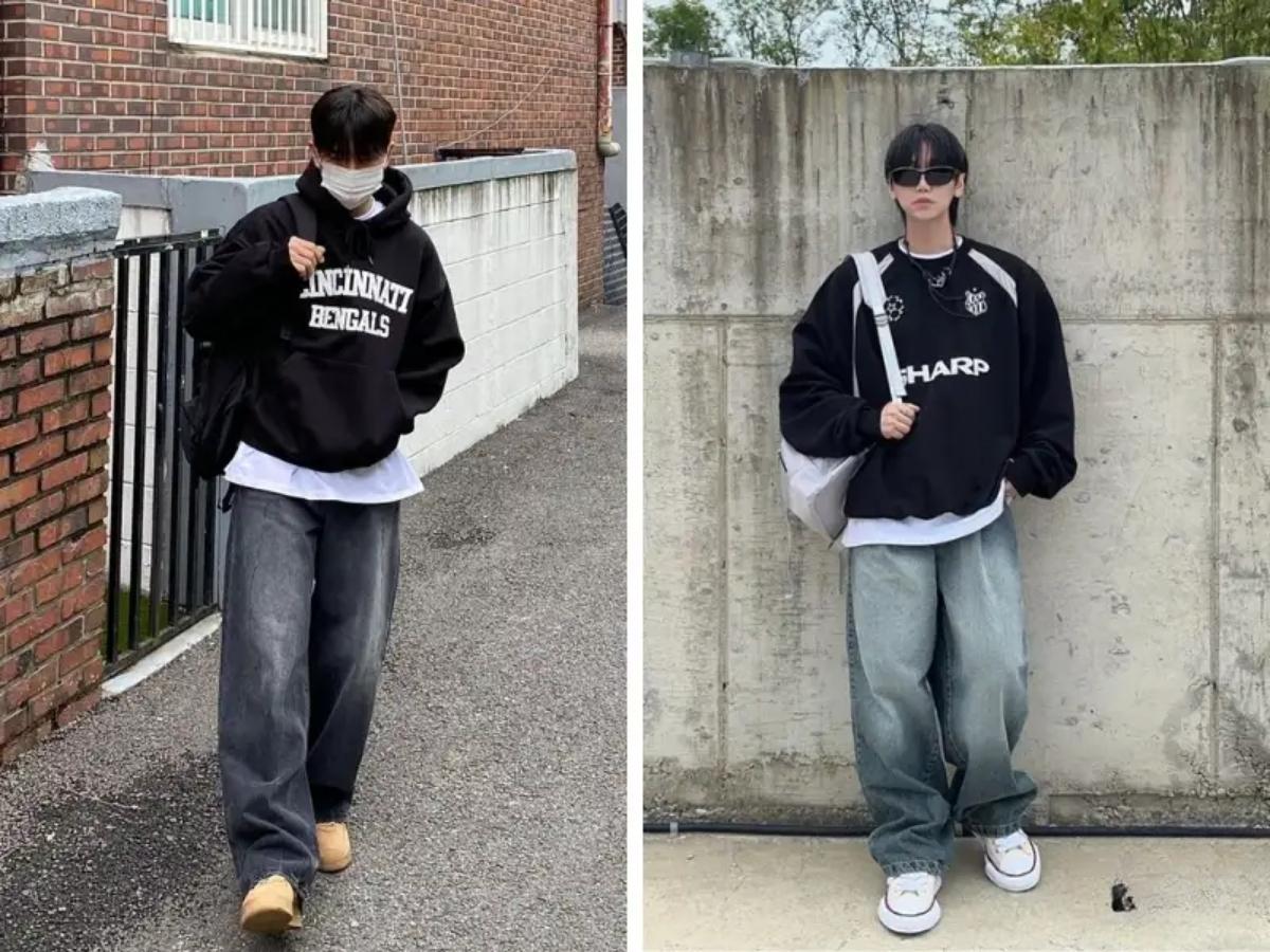 Phối jeans ống rộng cùng với áo sweater