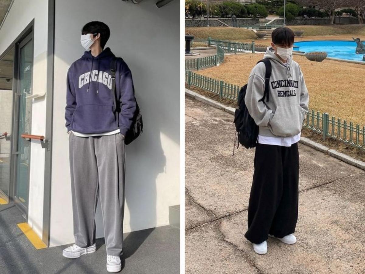 Phối quần ống rộng cùng với áo hoodie