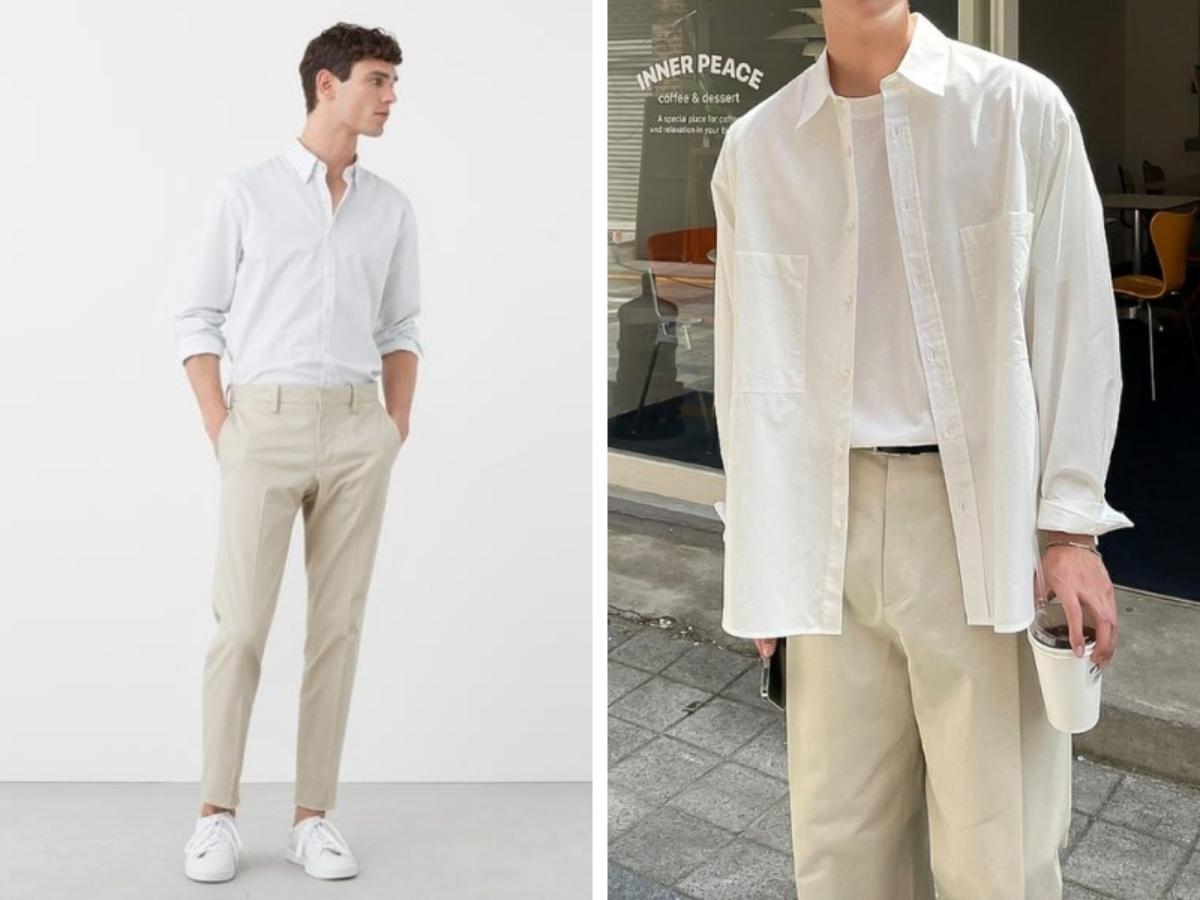 Phối quần kaki cùng với áo sơ mi trắng
