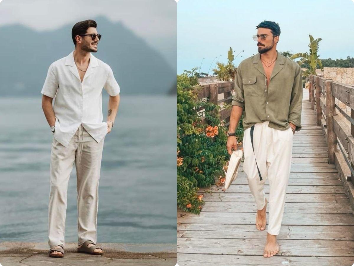 Áo sơ mi linen phối cùng quần chinos sáng màu