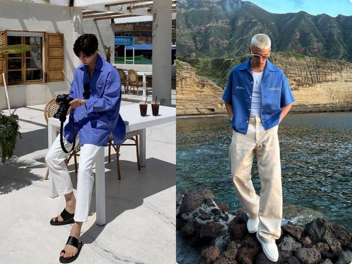 áo sơ mi denim mỏng phối cùng quần jeans sáng màu