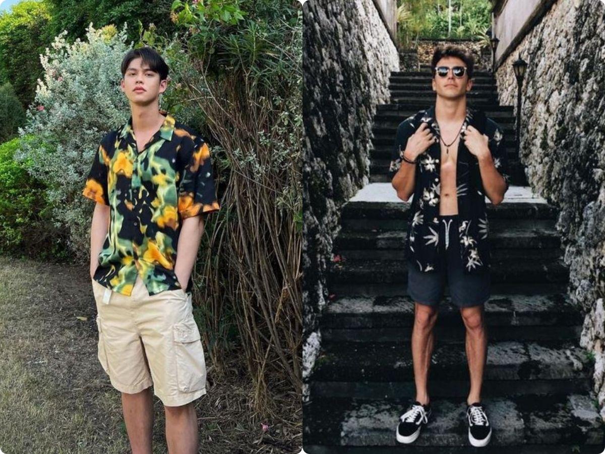 Áo sơ mi họa tiết và quần short trơn màu