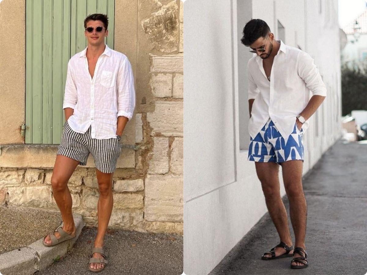 Áo sơ mi trơn màu phối cùng quần short họa tiết