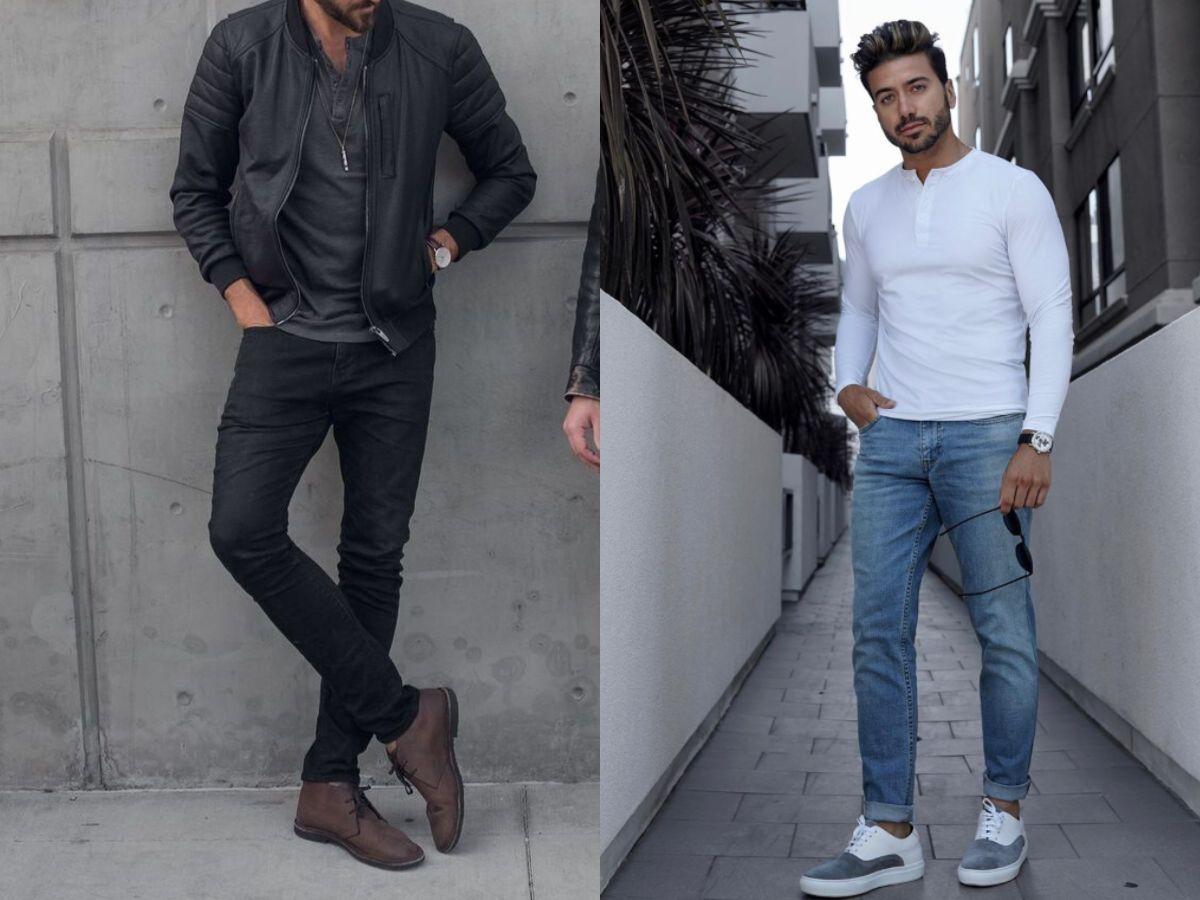  Áo henley mix cùng quần jean và áo da