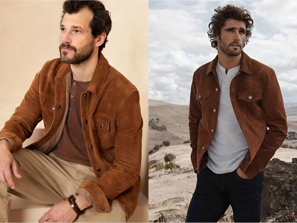 Áo henley nam bụi bặm với jacket da lộn