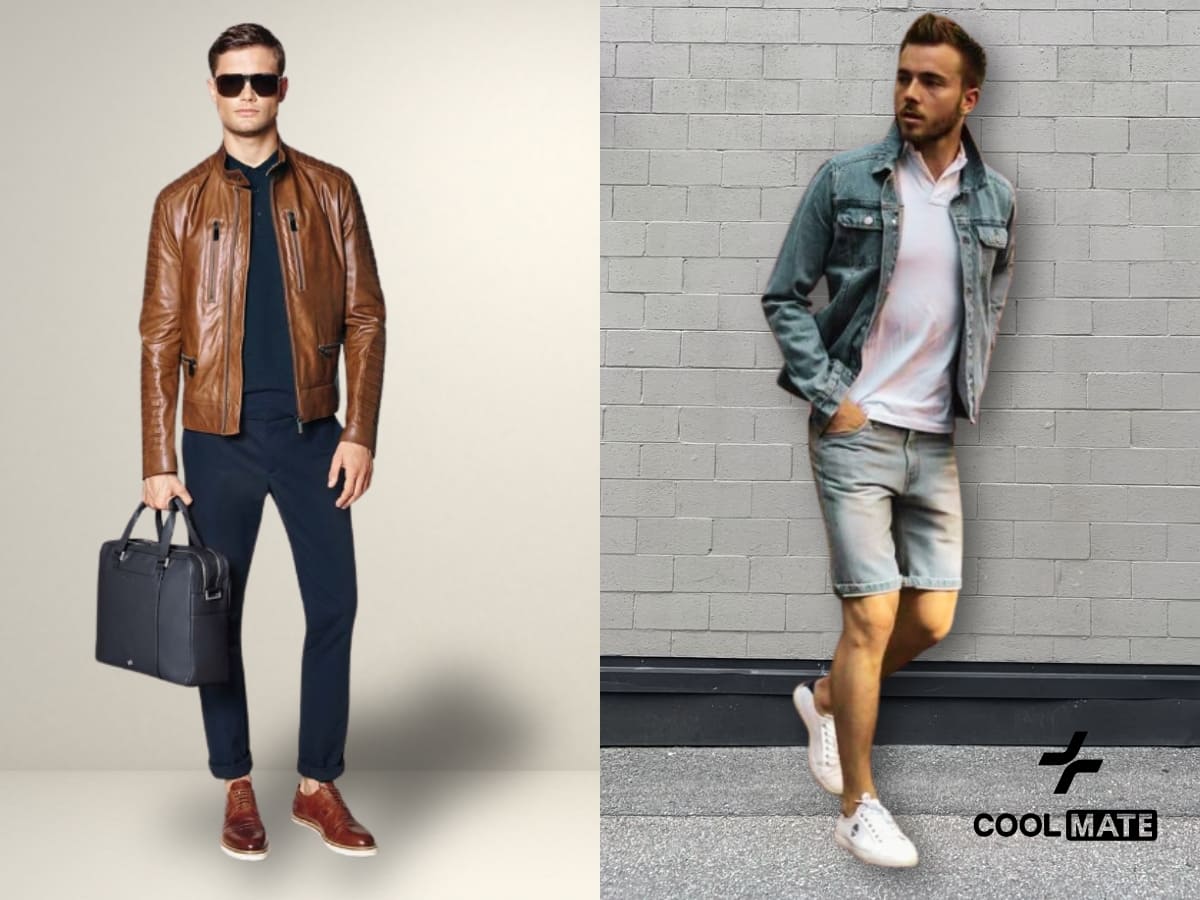 Áo polo phối cùng áo khoác da và denim