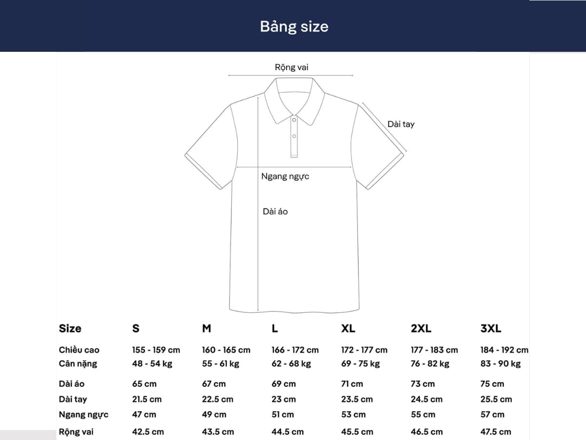 Bảng size áo polo nam tham khảo