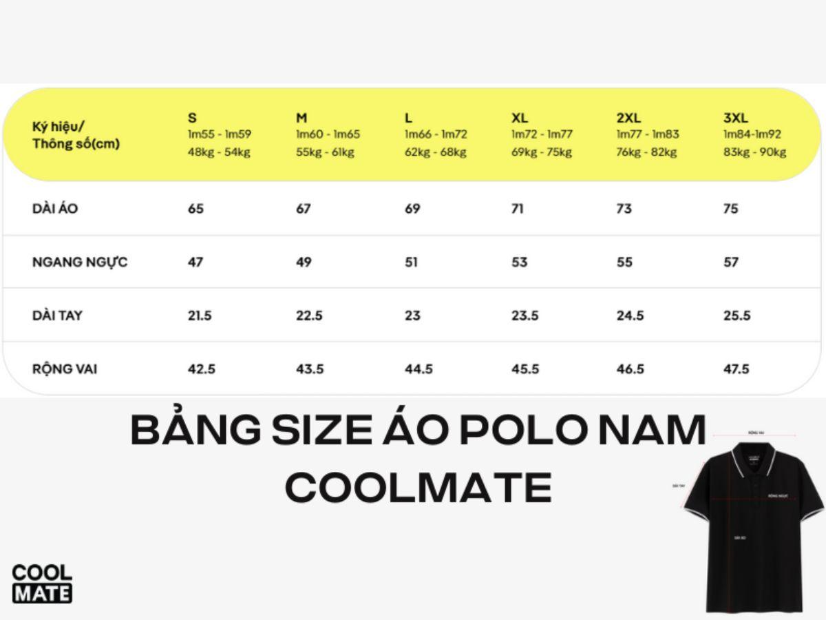 Bảng size áo polo nam Coolmate