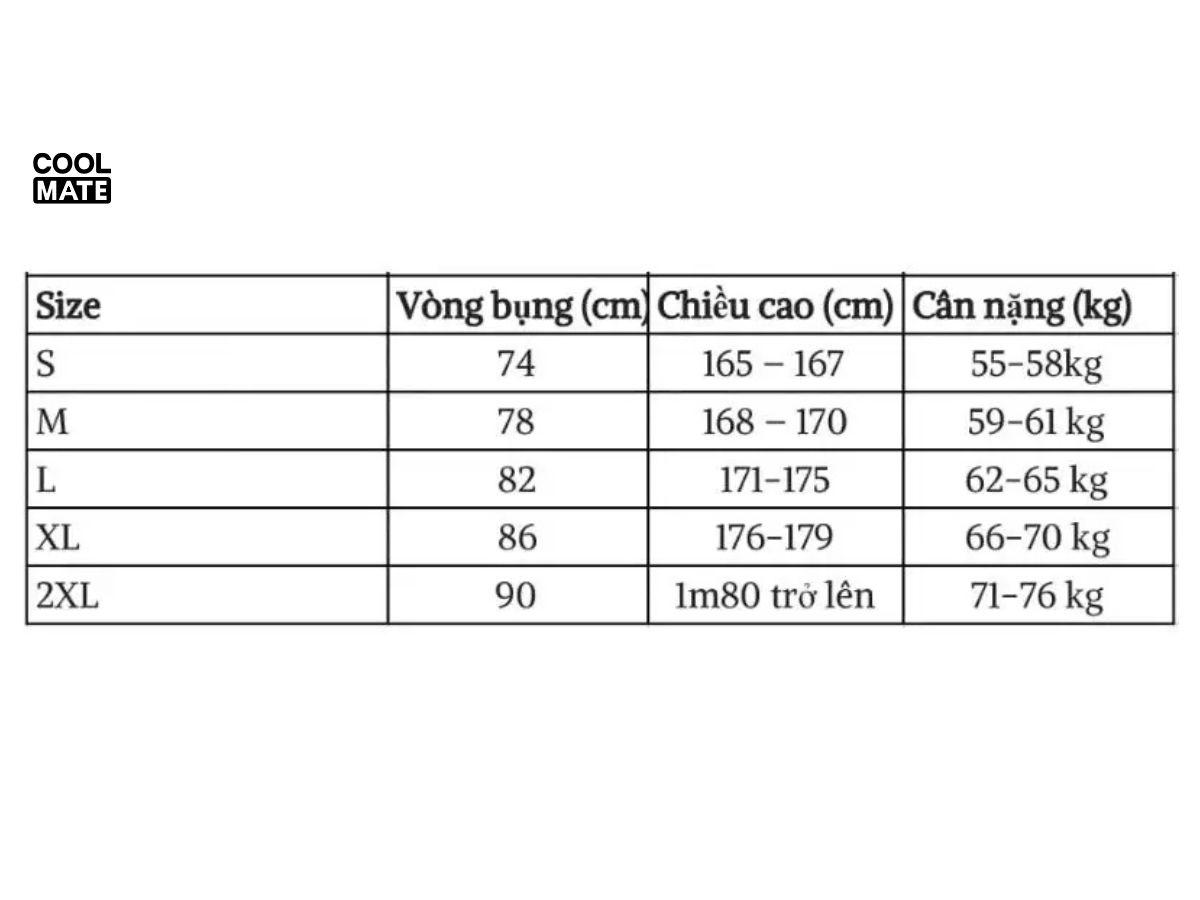 Bảng size dựa vào chiều cao, cân nặng và vòng bụng