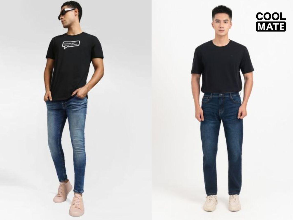 Quần jean nam skinny fit và slim fit tôn dáng chân, phong cách hiện đại.