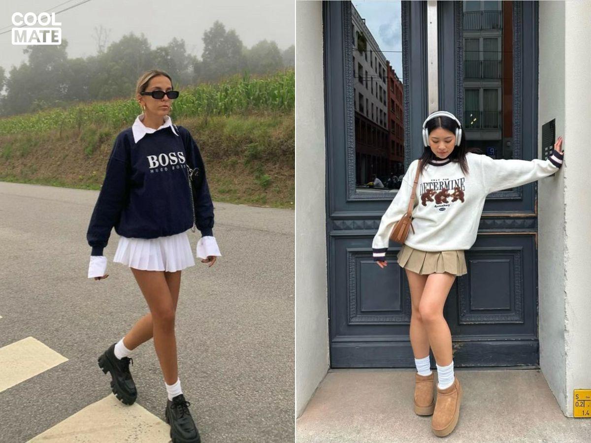Phối đồ đi cafe mùa thu đông cực đẹp cho nữ cùng hoodie và chân váy ngắn