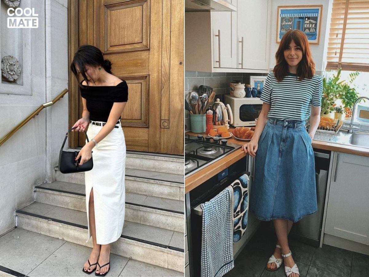 Phối đồ đi cafe đẹp với chân váy midi và áo phông