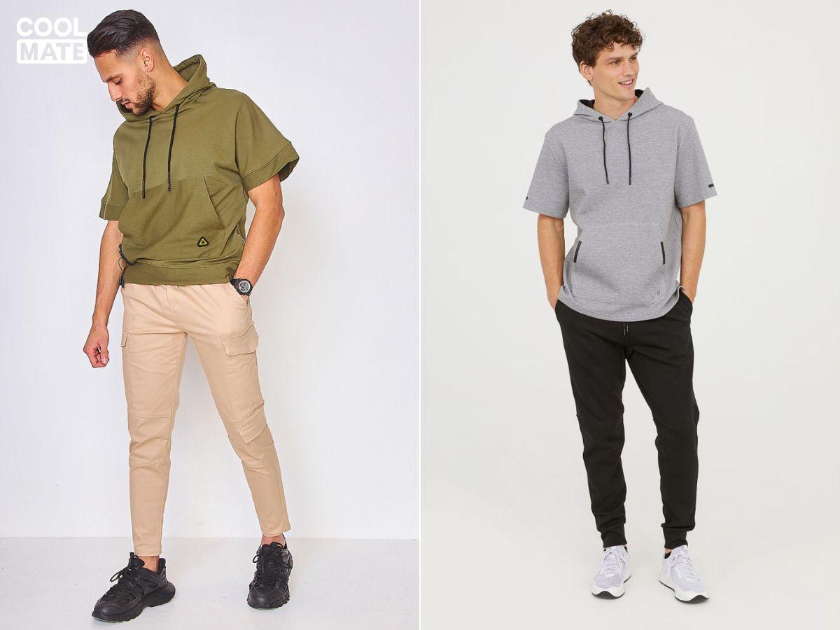 Áo hoodie tay ngắn nam phối với quần kaki