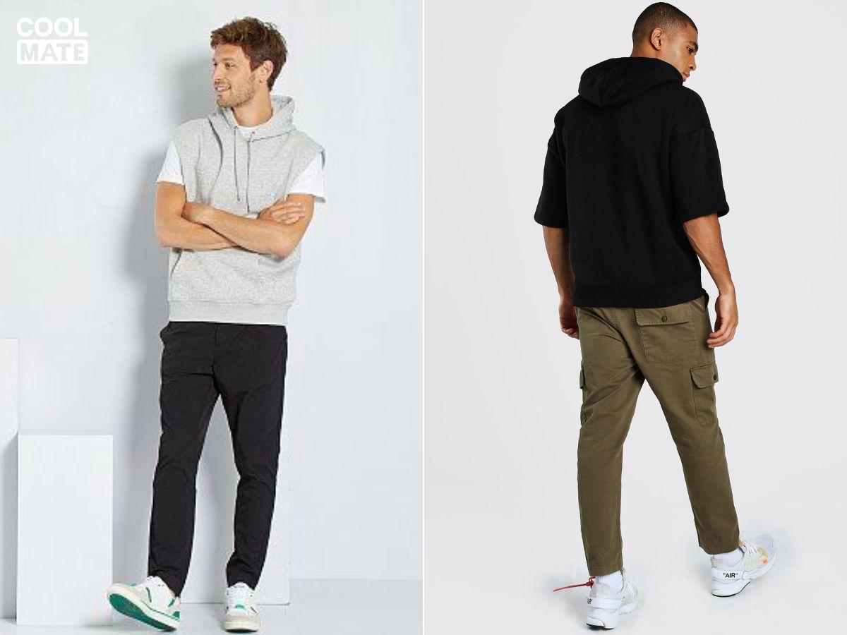 Áo hoodie tay ngắn nam phối với quần túi hộp