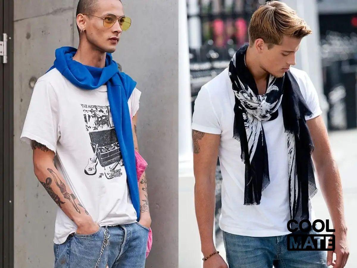 Khăn quàng cổ làm phụ kiện thời trang, quàng hờ trên cổ, tạo vẻ nghịch ngợm.
