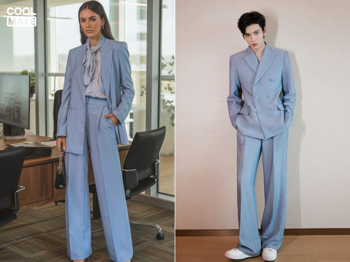 Kết hợp quần màu xanh thiên thanh với áo blazer/sweater hồng