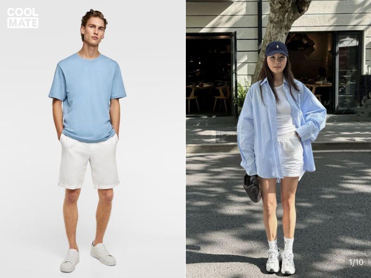 Sử dụng áo gile màu xanh thiên thanh với quần short trắng