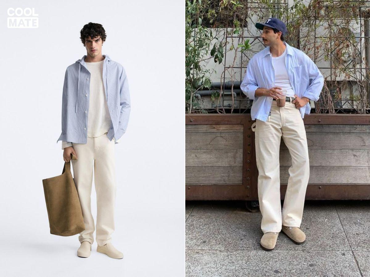 Mặc áo polo màu thiên thanh với quần trắng