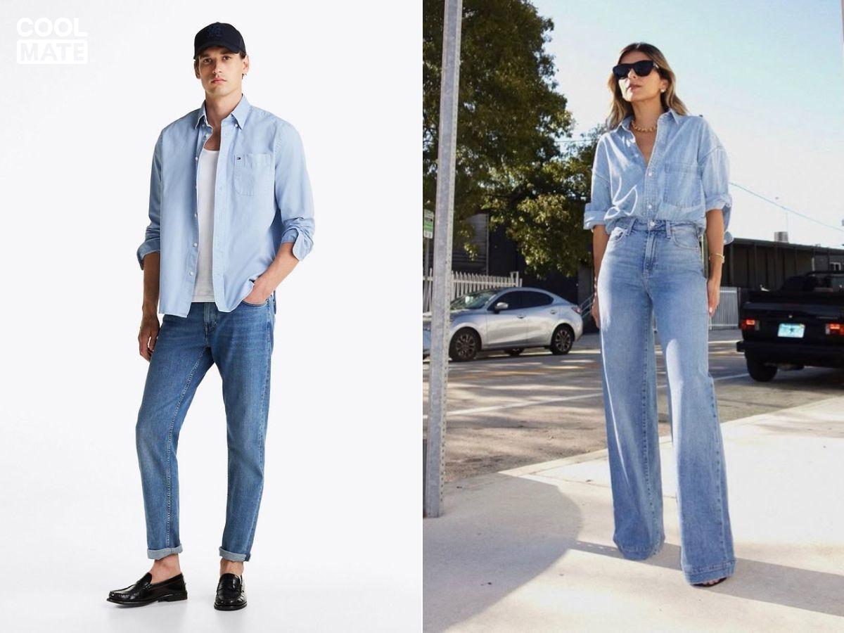6. Màu xanh thiên thanh + quần jeans xanh