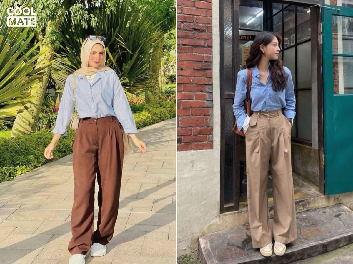 Sơ mi màu thiên thanh mặc cùng quần kaki màu nâu