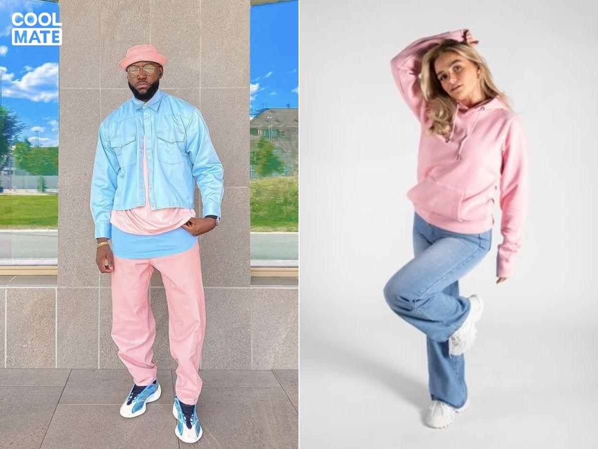 Phối quần jeans màu thiên thanh với áo hoodie hồng