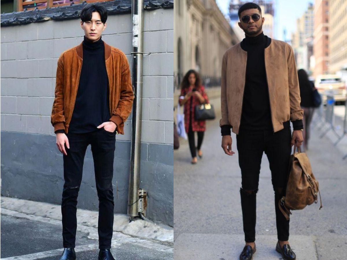 Phối áo khoác đen và áo len cổ lọ Hàn Quốc thanh lịch