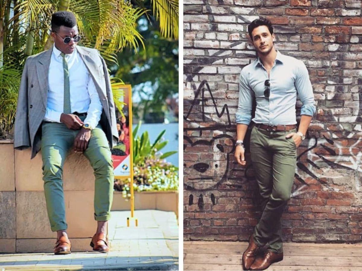 Bộ outfit được phối giữa màu xanh oliu và màu xanh ngọc sẽ giúp bạn thu hút sự chú ý