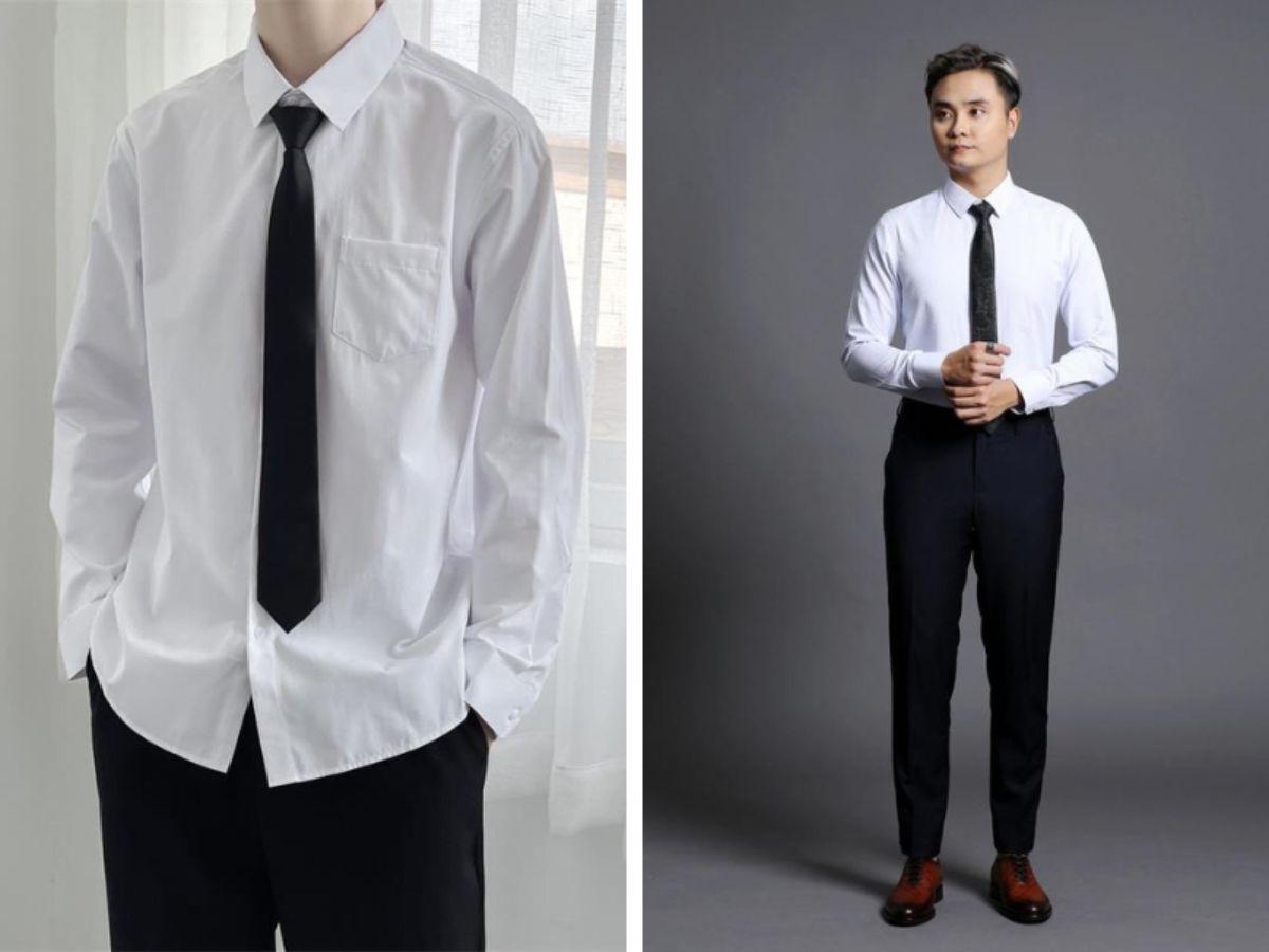 Sơ mi trắng kết hợp với cà vạt sọc đen