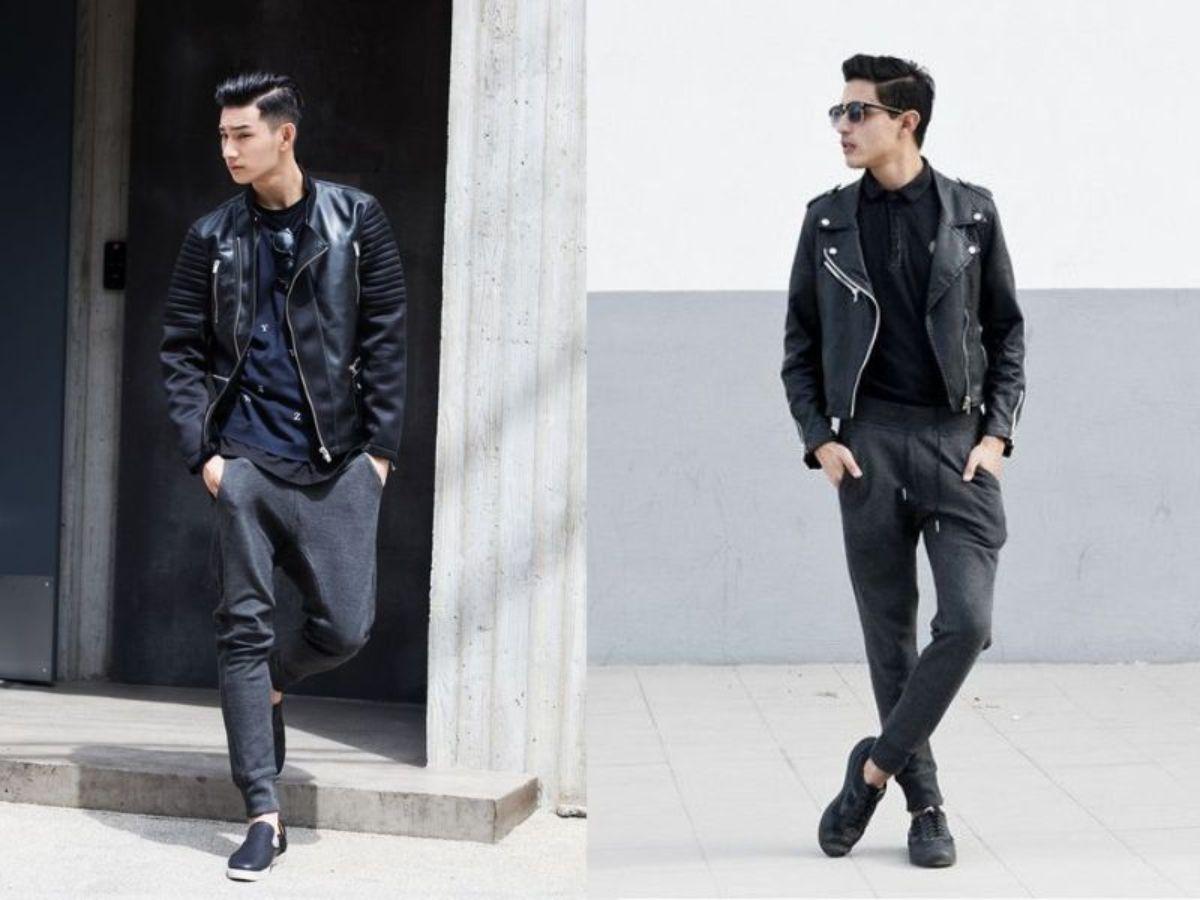 Áo khoác đen mix cùng quần jogger 