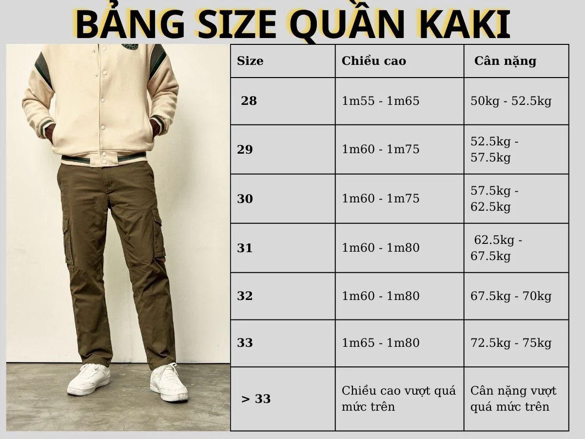 Bảng size quần kaki nam