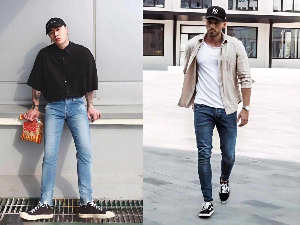 Mũ lưỡi trai cá tính + quần jeans ống rộng + áo sơ mi 