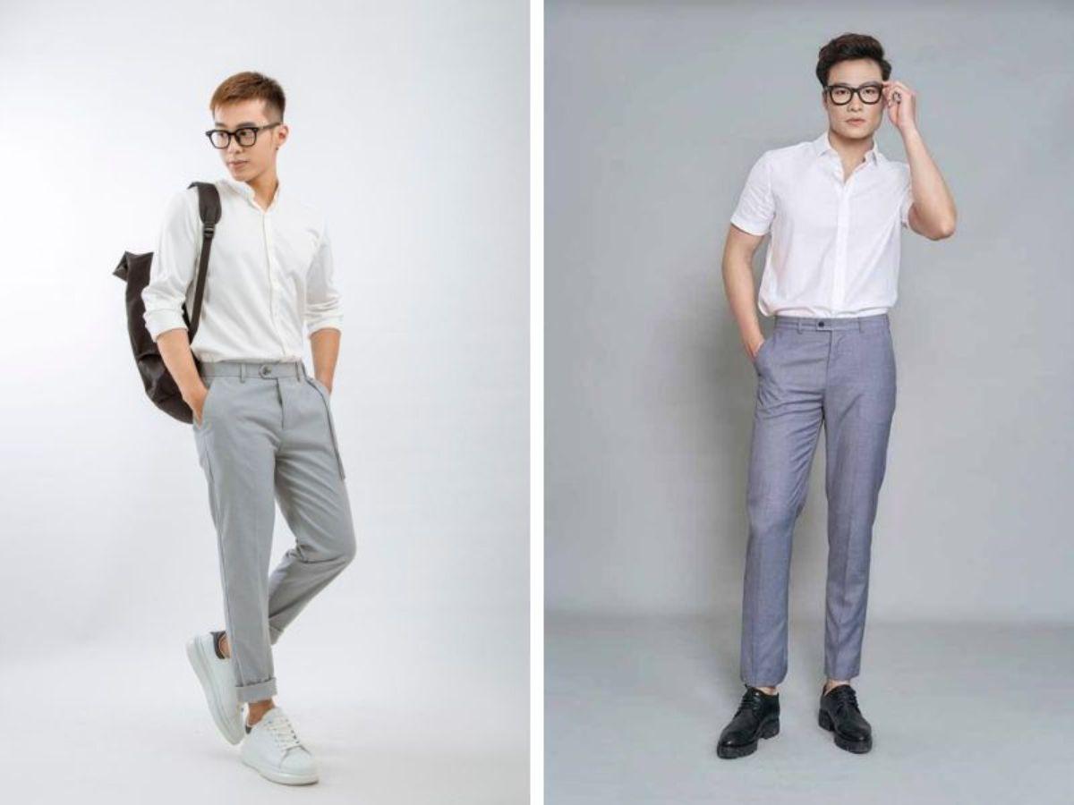 Áo sơ mi trắng với quần âu xanh lam