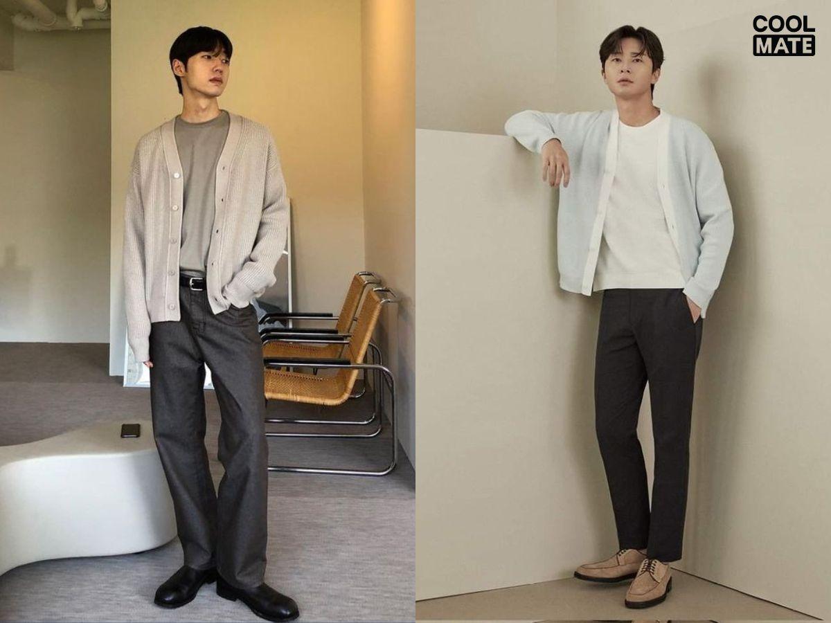 Áo cardigan với áo phông và quần tây