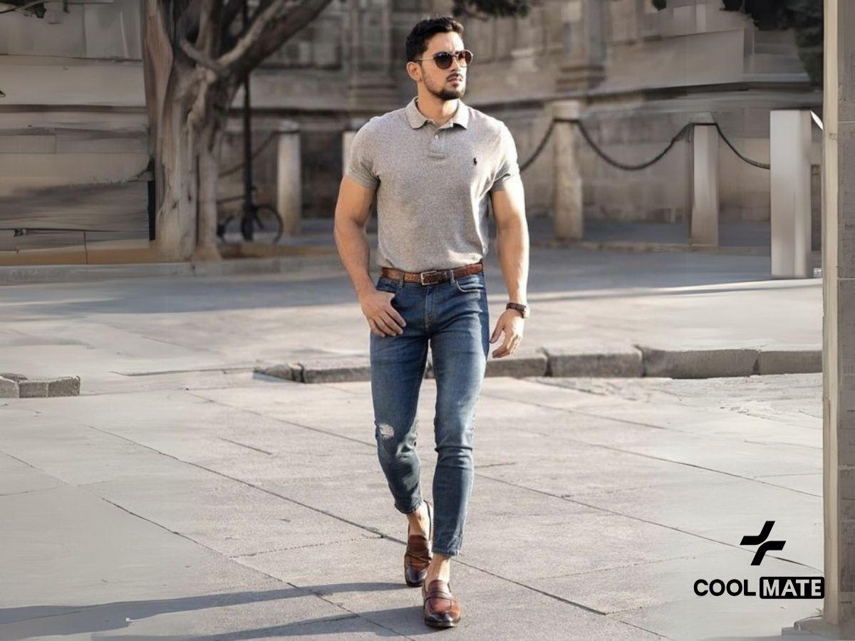 Áo polo nam kết hợp với quần jeans slim fit và kính râm tạo nên phong cách cool ngầu cho các chàng