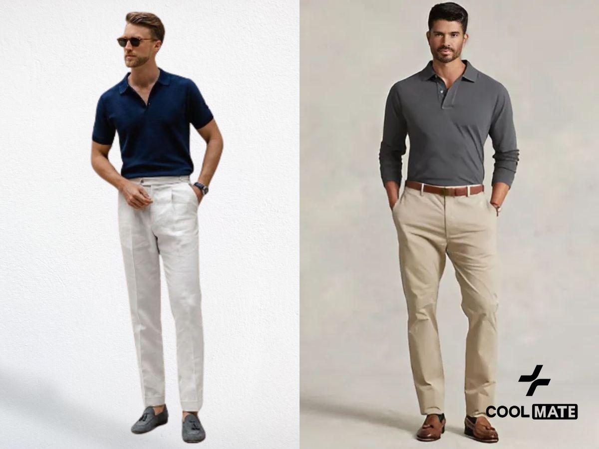 Áo thun polo mix với quần kaki tạo nên phong cách đơn giản và không kém phần lịch lãm