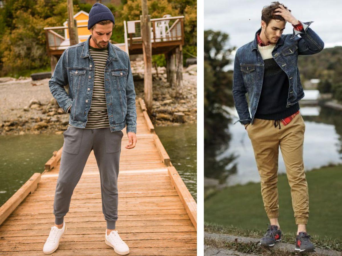 Áo khoác denim với quần jogger đen và giày sneakers 