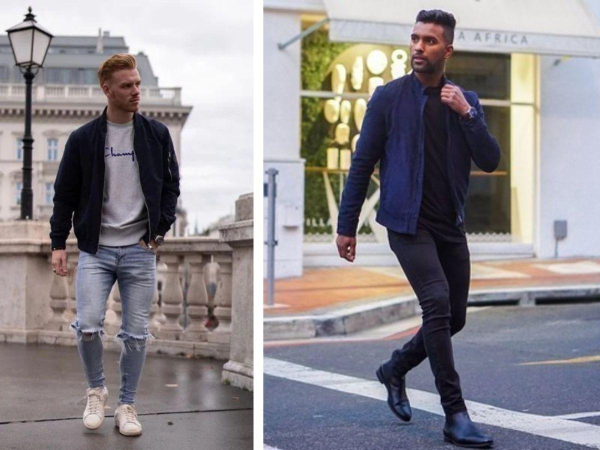Phối áo khoác bomber và quần skinny jeans cho chàng thanh lịch
