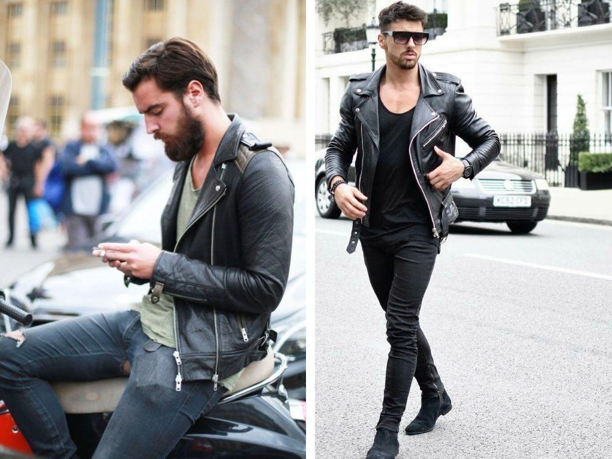Áo khoác da với quần skinny jeans