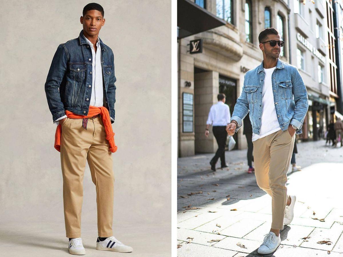 Áo khoác denim mix cùng quần kaki lịch thiệp