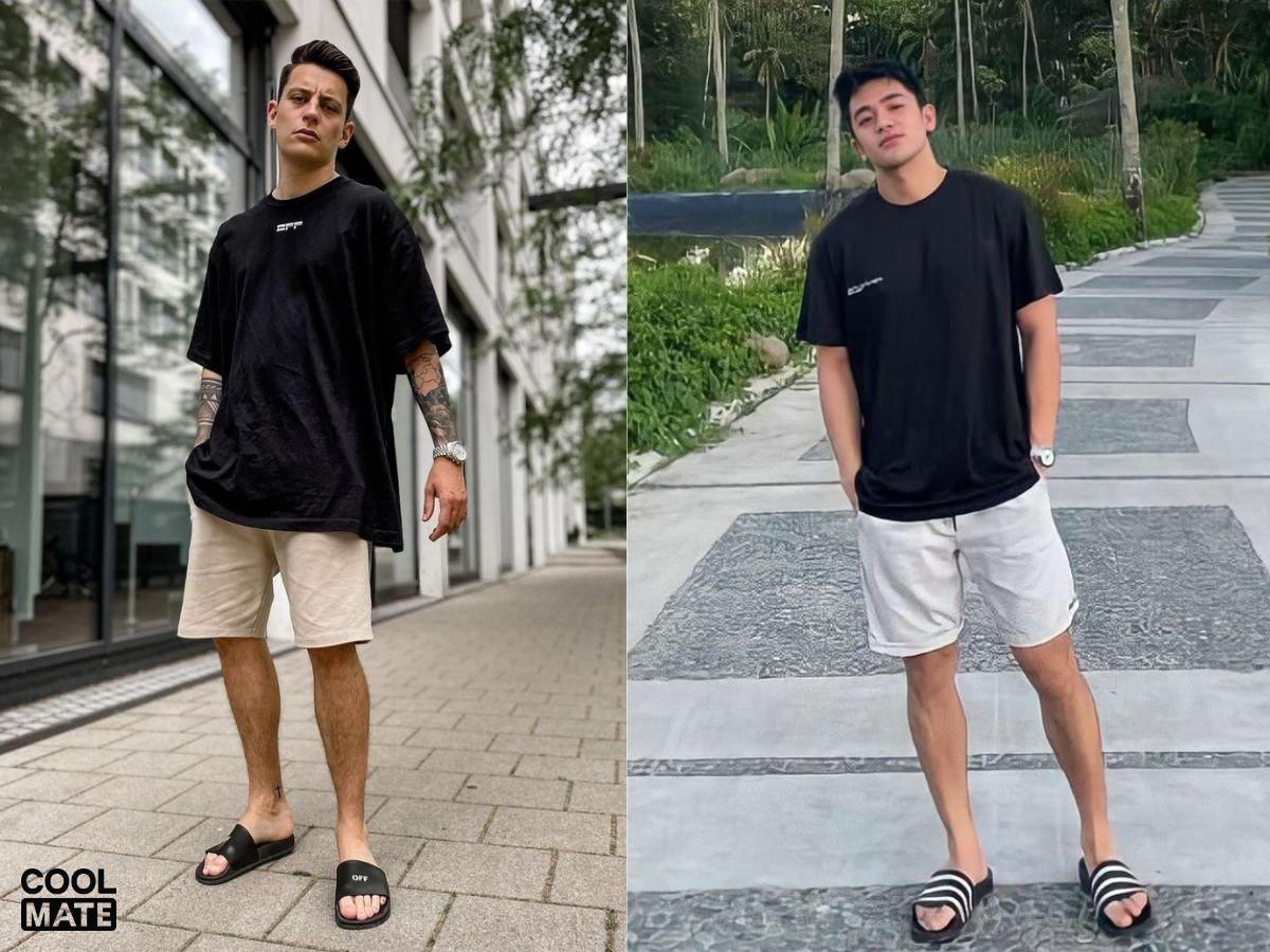 Áo thun đen mặc cùng quần short thoải mái