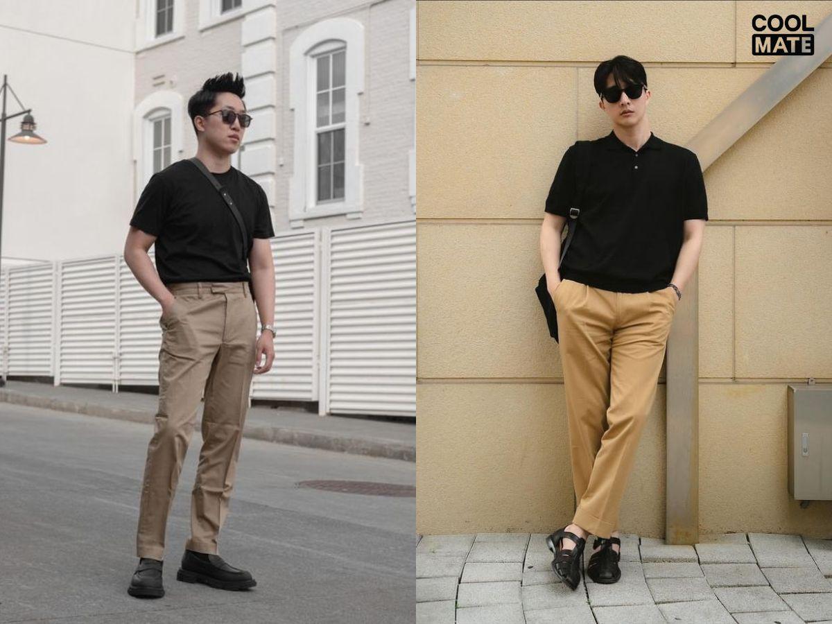 Phối áo màu đen và quần kaki màu sáng