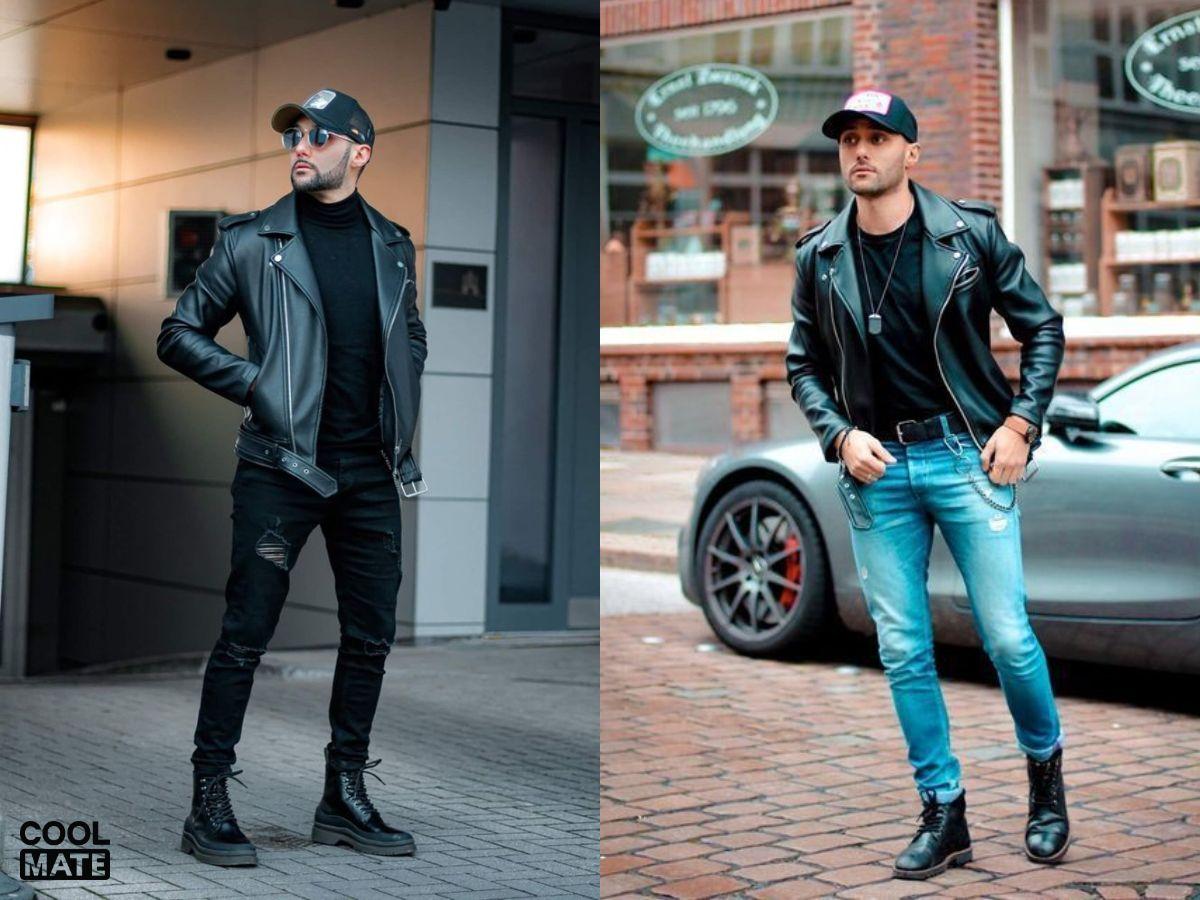 Phối đồ với áo thun đen và quần skinny, thêm chiếc áo khoác da biker bên ngoài