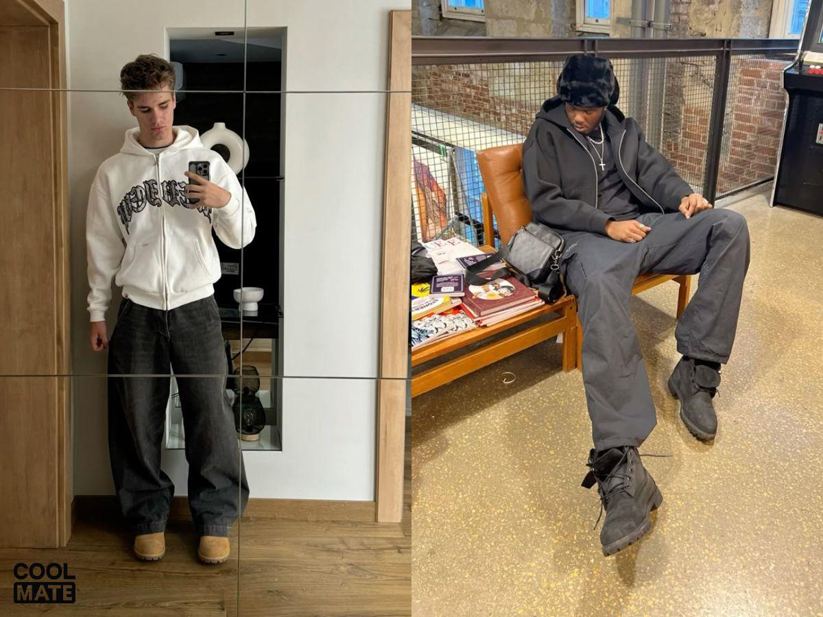 Phối áo thun đen, áo khoác hoodie bên ngoài và mang cùng giày Timberland