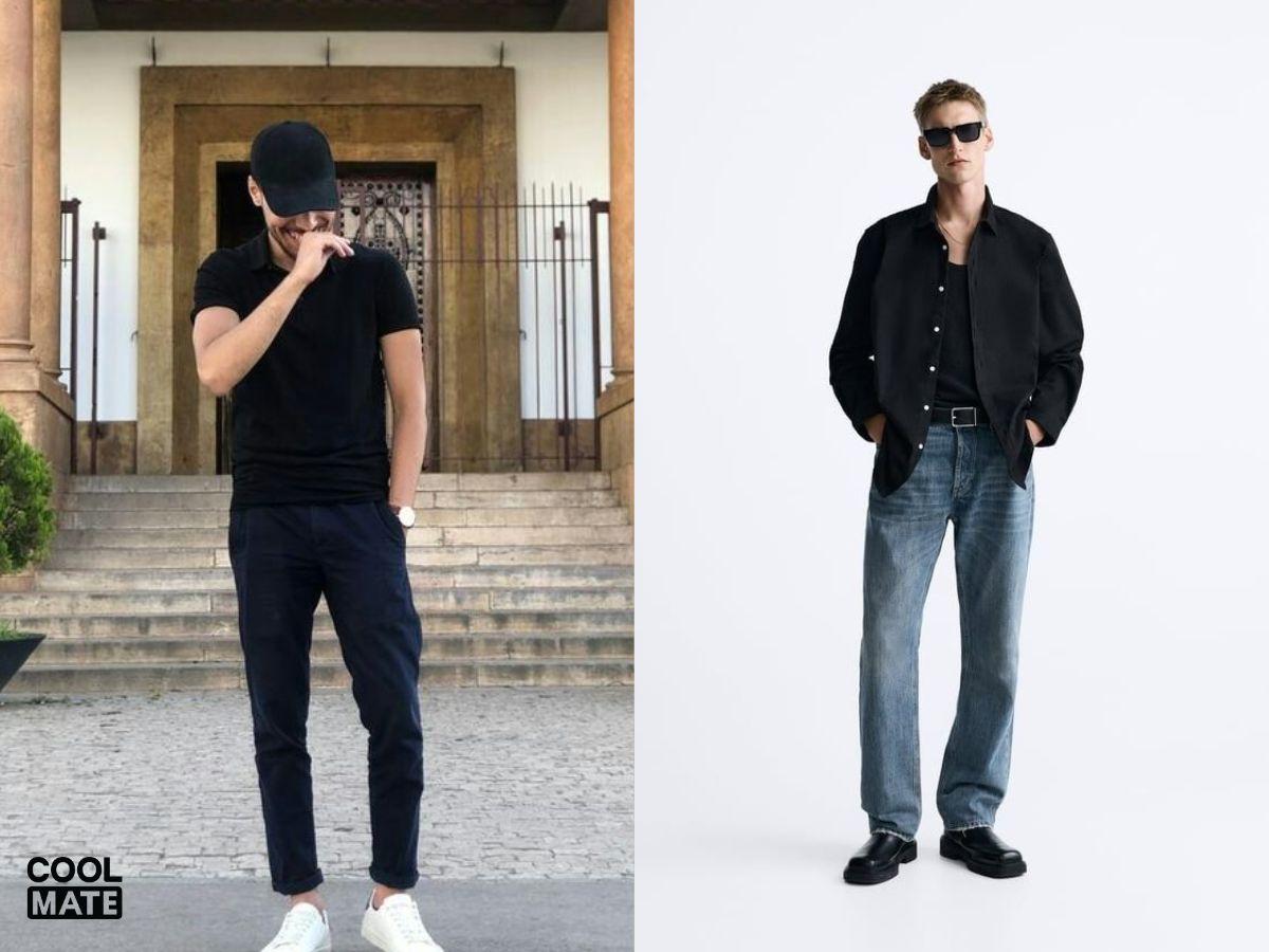 Phối áo đen với màu xanh navy hoặc xanh denim