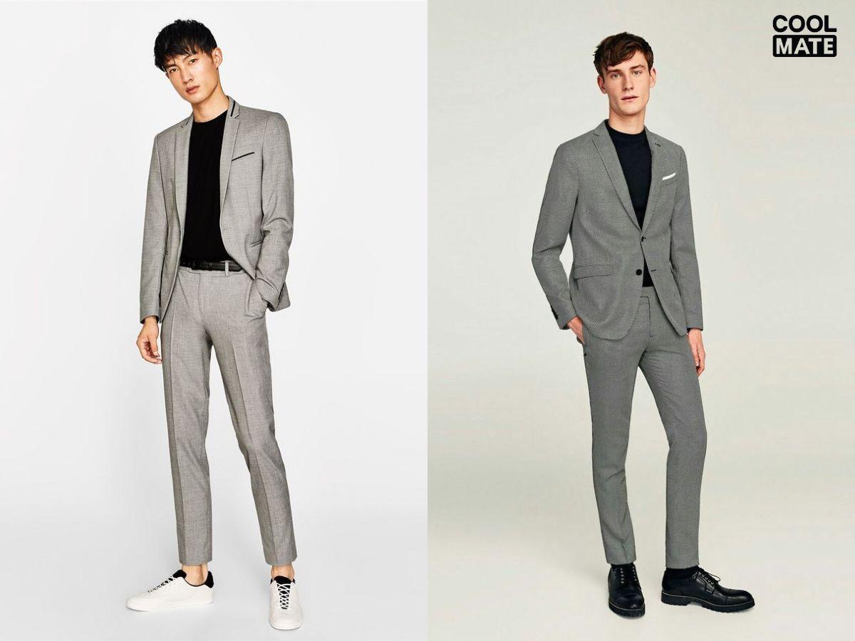 Phối áo thun đen cùng set đồ vest lịch lãm