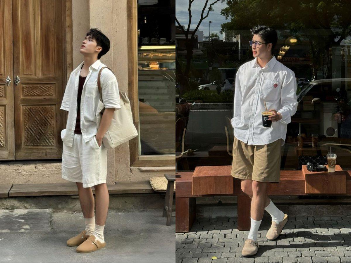 Quần short kaki nam kết hợp áo sơ mi xắn tay, mang phong cách phóng khoáng.